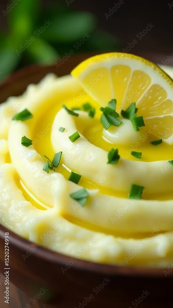 Poster freshly made mashed potatoes served with a squeeze of citrusy lemon juice
