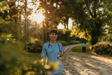 Healthcare professional strolling in serene park setting