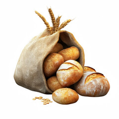 Bread and rolls spilling from rustic cloth bag