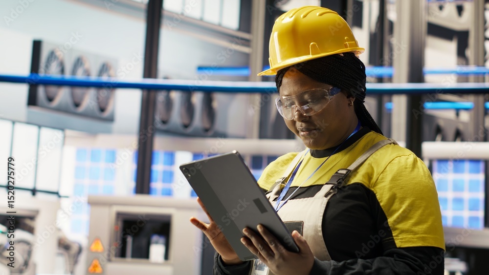 Poster smiling engineer in smart factory performing predictive maintenance using tablet, analyzing iot sens