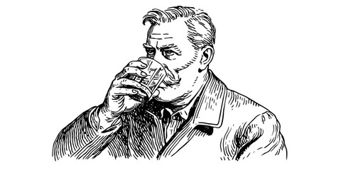 Vintage engraved illustration of a distinguished man enjoying a drink from a glass, highlighting classic style and sophisticated leisure