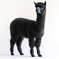 Fototapeta premium Adorable Black Alpaca Studio Portrait. Cute Furry Farm Animal with Big Eyes and Black Fur