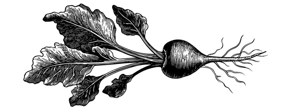 Vintage engraved illustration of a root vegetable with leaves showcasing intricate details in botanical design