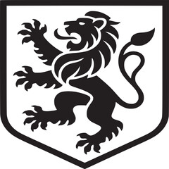 Black lion rampant on a white shield with a thick black border in a heraldic design illustration