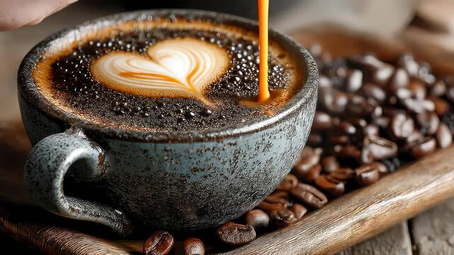 Close-up of a textured ceramic coffee cup with latte art heart and roasted beans