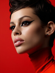 bold editorial portrait, graphic eyeliner, sharp hairstyle, strong color contrast