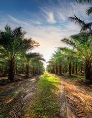 Obraz premium Palm oil plantation under a bright sky with symmetrical rows of palm trees and a grassy path in the center.. Generated image.