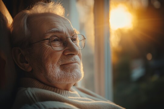 Elderly Man Smiling Thoughtfully at Home in Gentle Daylight Portrait of Wisdom and Contentment - Powered by Adobe