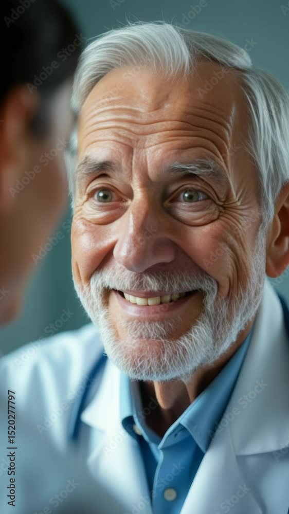 Poster a scientist in a lab coat talks to a woman, possibly discussing an experiment or sharing findings