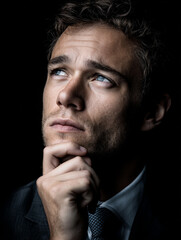 Obraz premium businessman thinking deeply, hand on chin, dark background