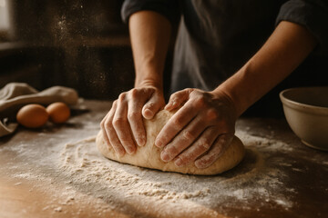 Fototapeta premium Rustic hands kneading dough