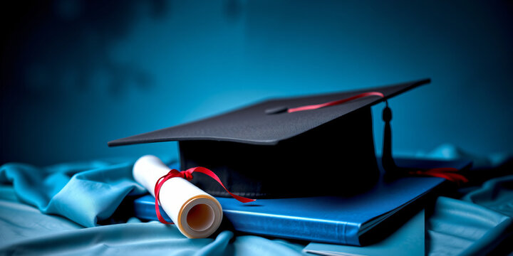 Professional stock image: Graduation cap with diploma and books with a cultural celebration theme. Features a photorealistic aesthetic, futuristic and innovative mood, oceanic b...