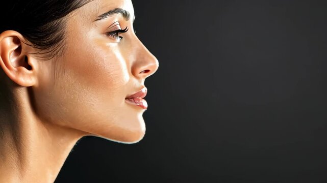 Profile of a Woman: A close-up profile view of a woman's face, showcasing her flawless skin and elegant features against a dark background. The lighting highlights her cheekbones and jawline.
