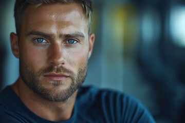 Fototapeta premium Fitness Model with Blue Eyes and Intense Gaze. High-Resolution Portrait Showcasing Athletic Build and Male Beauty