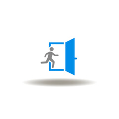 Vector illustration of exit door and running man. Symbol of escape. Icon of emergency evacuation plan.