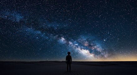 Fototapeta premium A solitary figure silhouetted against a breathtaking Milky Way galaxy stretching across a vast night sky above a desert landscape.