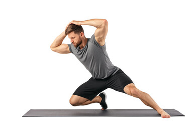 Man stretching his body on yoga mat before starting fitness workout isolated on transparent background PNG