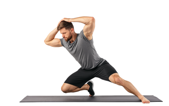 Man stretching his body on yoga mat before starting fitness workout isolated on transparent background PNG