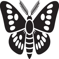 A black and white graphic illustration of a moth with spots on its wings and striped abdomen design