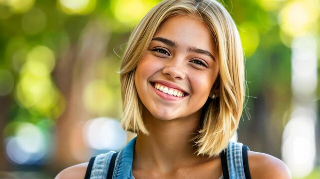 Radiant Smile: A young woman with a bright smile and blonde bob haircut poses outdoors against a bokeh background. Her joyful expression conveys happiness and confidence.