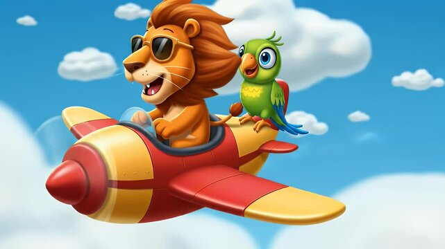 Cartoon lion and parrot in airplane