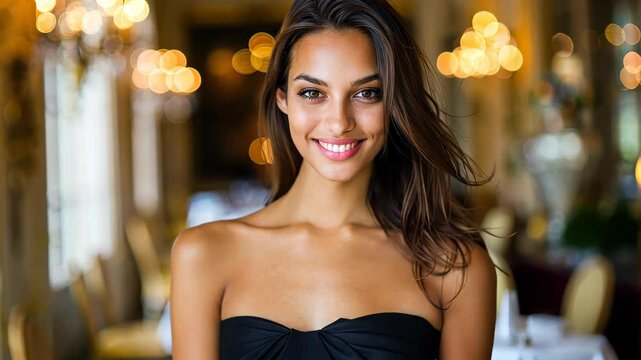 Smiling Woman in Elegant Dress: A radiant young woman with a captivating smile and long brunette hair looks directly at the camera, wearing a simple yet elegant strapless black dress.