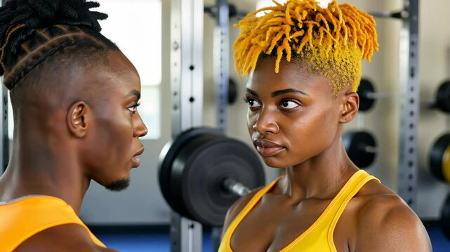 Focused intensity in the Gym: Two athletes, male and female, lock eyes with determination within the functional fitness zone, exuding unwavering focus during their rigorous training session.