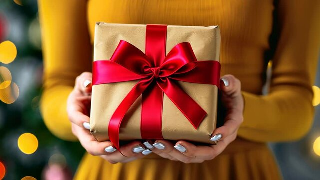 Gift of Joy: The image captures a pair of hands presenting a beautifully wrapped gift adorned with a vibrant red ribbon, conveying sentiments of generosity and festivity.