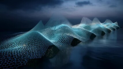 Abstract turquoise hexagonal mesh forms undulating waves over calm water under a dusky sky, creating a mesmerizing and futuristic landscape - Powered by Adobe