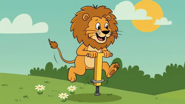Cartoon lion jumping on a pogo stick