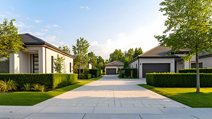 Modern Homes Lined Up On A Sunny Residential Street