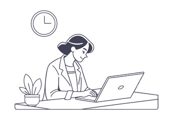 Girl working at computer. Vector illustration