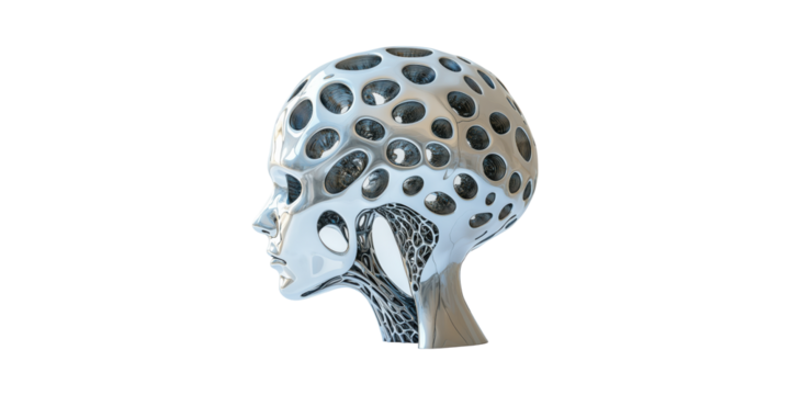 Futuristic Metallic Human Head Sculpture. Concept Of Artificial Intelligence And Innovation Isolated On Transparent Background