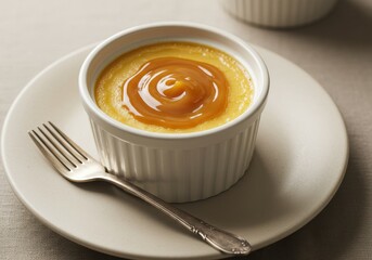 Creamy Vanilla Pudding with Caramel Swirl in White Ceramic Dish Served on Beige Plate with Fork and Soft Textile Background