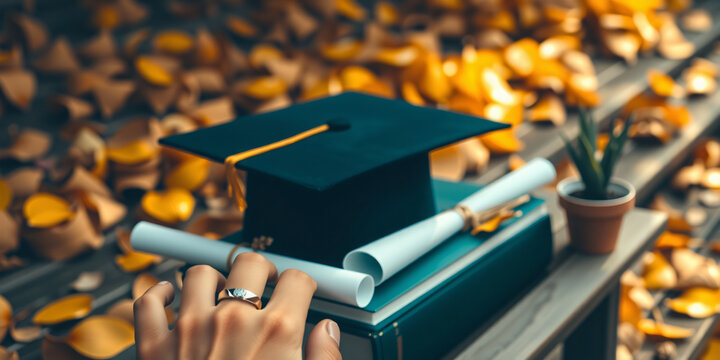Professional stock image: Graduation cap with diploma and books with a minimalist modern theme. Features a cyberpunk vibe aesthetic, mysterious and enigmatic mood, earthy greens...