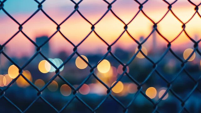 Cityscape Behind Wire Fence at Dusk: The blurred cityscape glows softly behind the geometric pattern of a wire fence, under a colorful sunset sky, evoke the atmosphere of urban life and dreaminess.