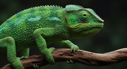 Fototapeta premium Vivid Green Chameleon on Branch Closeup Wildlife Reptile Nature Photography