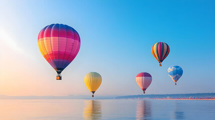Fototapeta premium Colorful Hot Air Balloons Over Water Sunrise