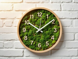 Wooden wall clock with green moss on white brick background  