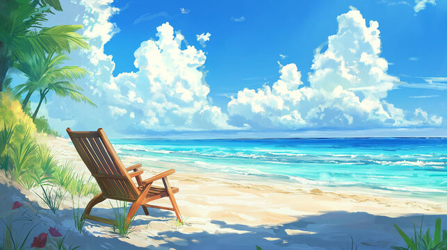 A colorful beach chair rests on golden sand by the calm sea, inviting relaxation, sunbathing, and peaceful coastal leisure.