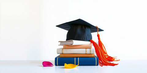 Professional stock image: Graduation cap with diploma and books with a glitter and glam theme. Features a bohemian chic aesthetic, adventurous and bold mood, vibrant primary col...