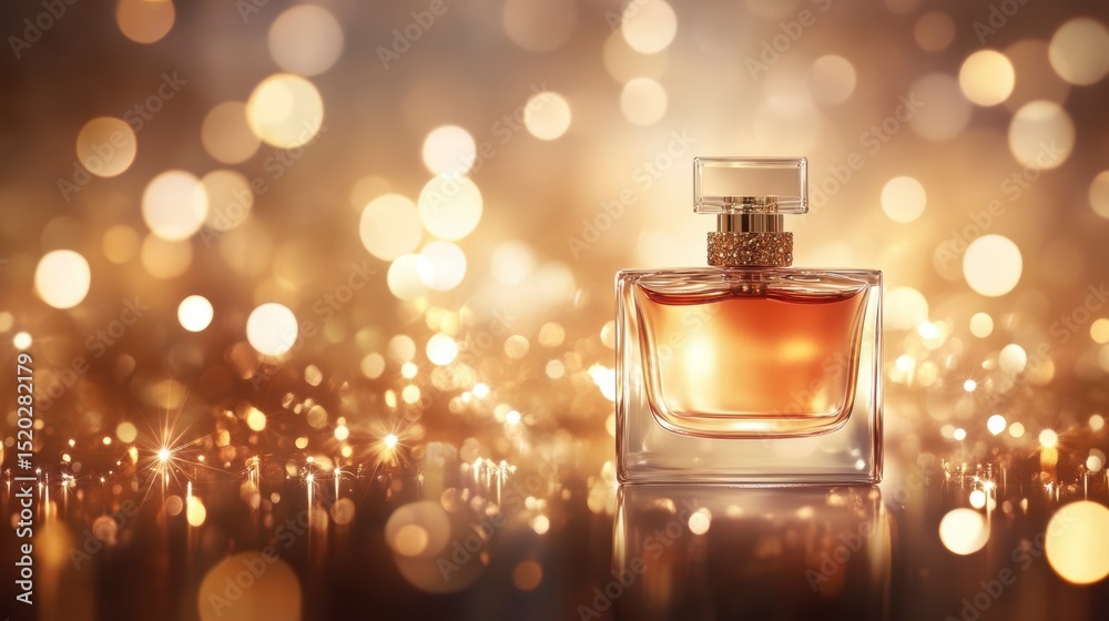 Poster elegant perfume bottle on a sparkling background.