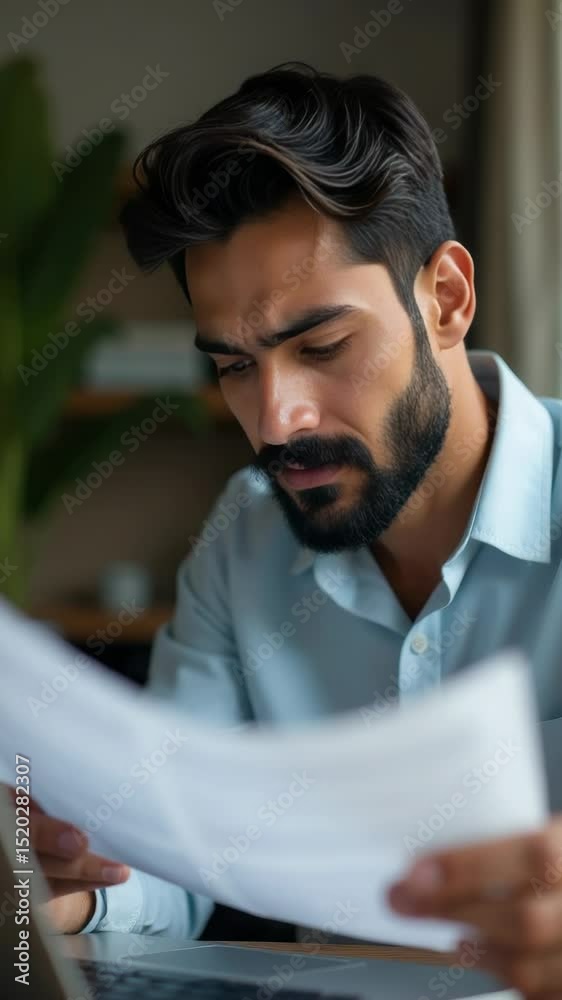 Poster man working on laptop and papers at a desk, could be used for office or business related projects