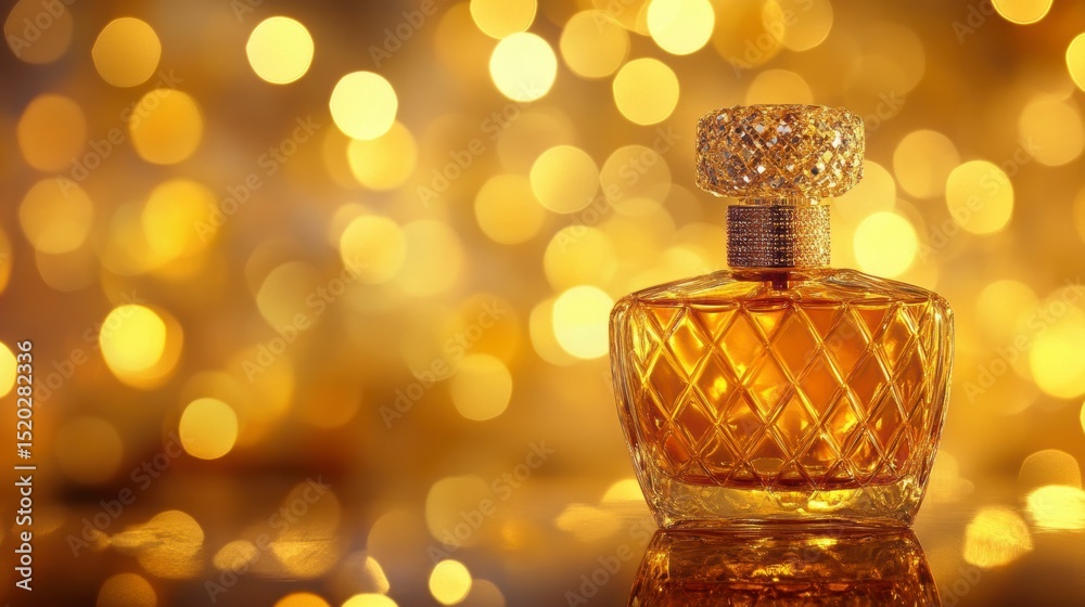 Poster elegant perfume bottle on golden bokeh background.