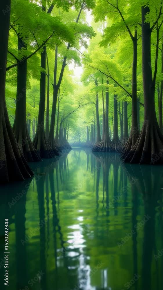 Poster a serene scene featuring a river flowing through the heart of a dense forest, surrounded by towering