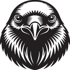 Stylized black and white illustration of an eagle head with a sharp beak and intense gaze facing forward