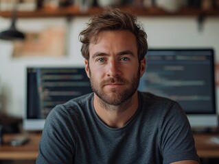 Obraz premium Handsome Bearded Man Engaged in Digital Workspace. Casual and Focused Young Adult Browsing and Coding at Home Office
