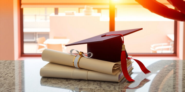 Professional stock image: Graduation cap with diploma and books with a cultural celebration theme. Features a solarized print aesthetic, traditional and respectful mood, gradien...
