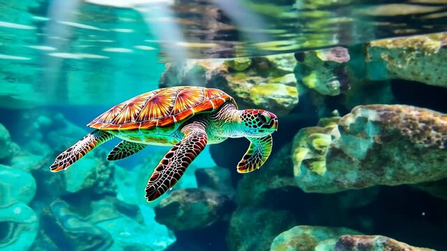 Sea Turtle Underwater: A vibrant sea turtle gracefully glides through crystal-clear turquoise water, amidst a coral reef teeming with life. Its shell showcases a captivating pattern of orange.