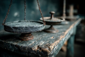 Antique Balance Scale on Rustic Wood Table with Symbolic of Justice  Measurement.